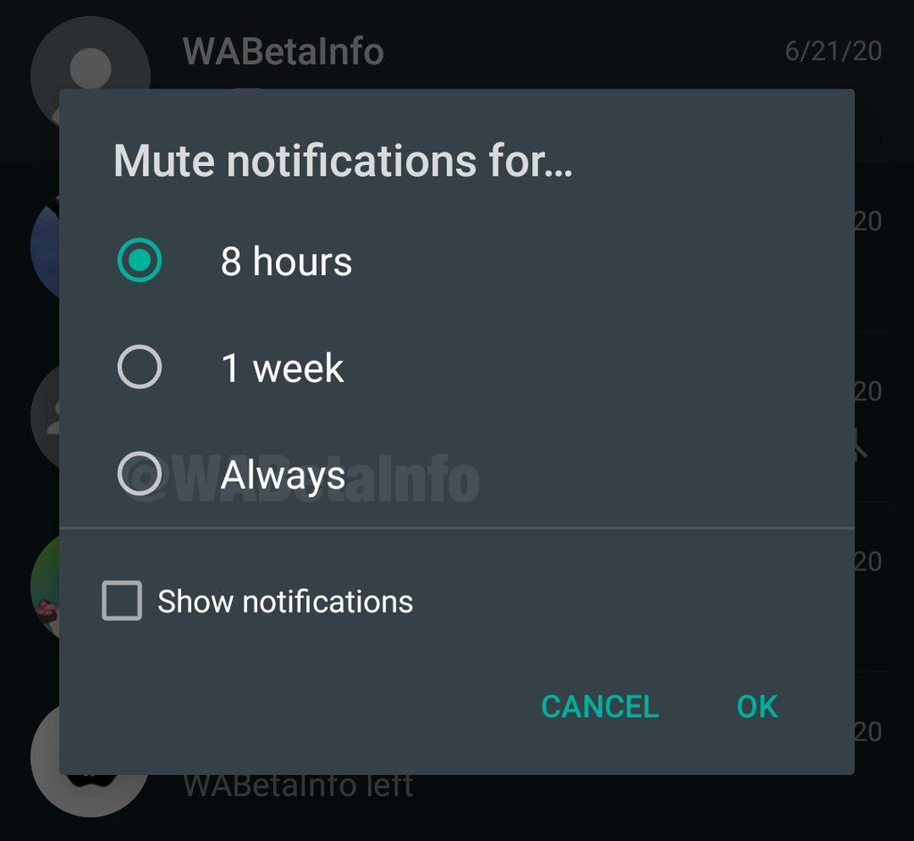 Opção "Sempre" (Always) substitui a atual "1 ano" na tela de "Silenciar notificações por..." (imagem: WABetaInfo/reprodução)