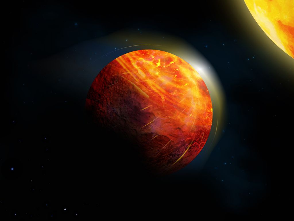 Essa representação do planeta e sua estrela mostra as rochas derretidas evaporando para a atmosfera na região mais próxima da estrela (Imagem: Reprodução/Julie Roussy, McGill Graphic Design and Getty Images)