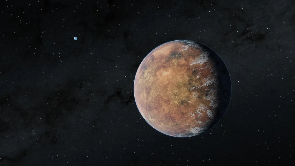 Representação do exoplaneta TOI 700 e; ao fundo, está o mundo TOI 700 d (Imagem: Reprodução/NASA/JPL-Caltech/Robert Hurt)