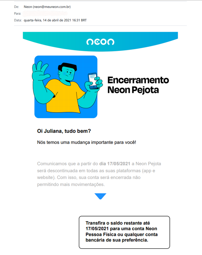 E-mail enviado pelo Neon informando sobre o encerramento da sua conta PJ (Captura de imagem: Rui Maciel)
