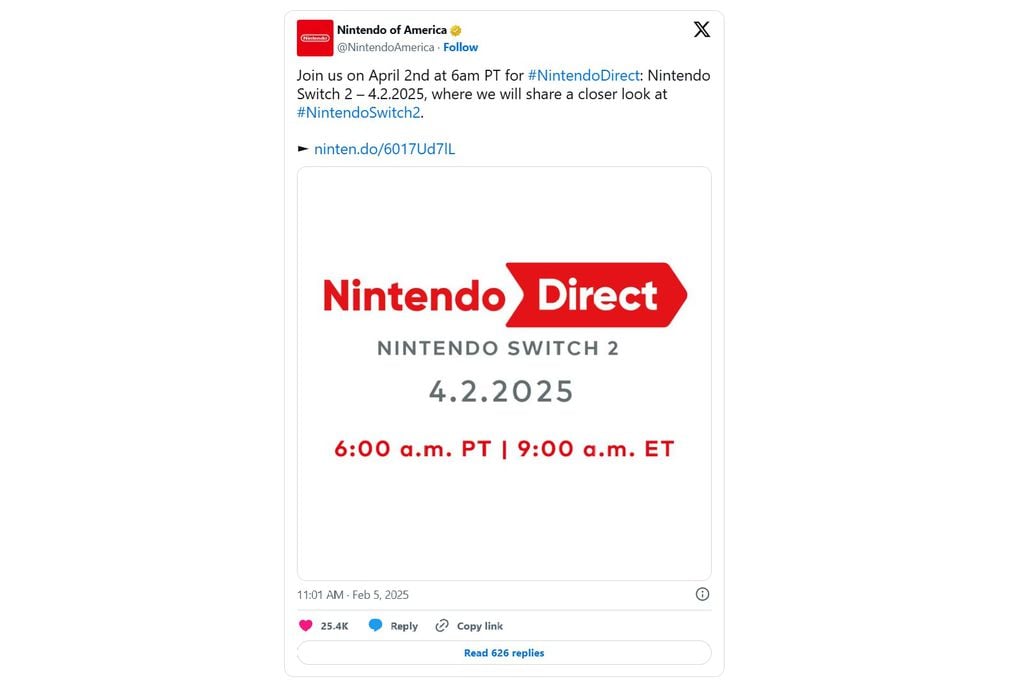 Print do perfil da Nintendo no X confirmando horário do Nintendo Direct