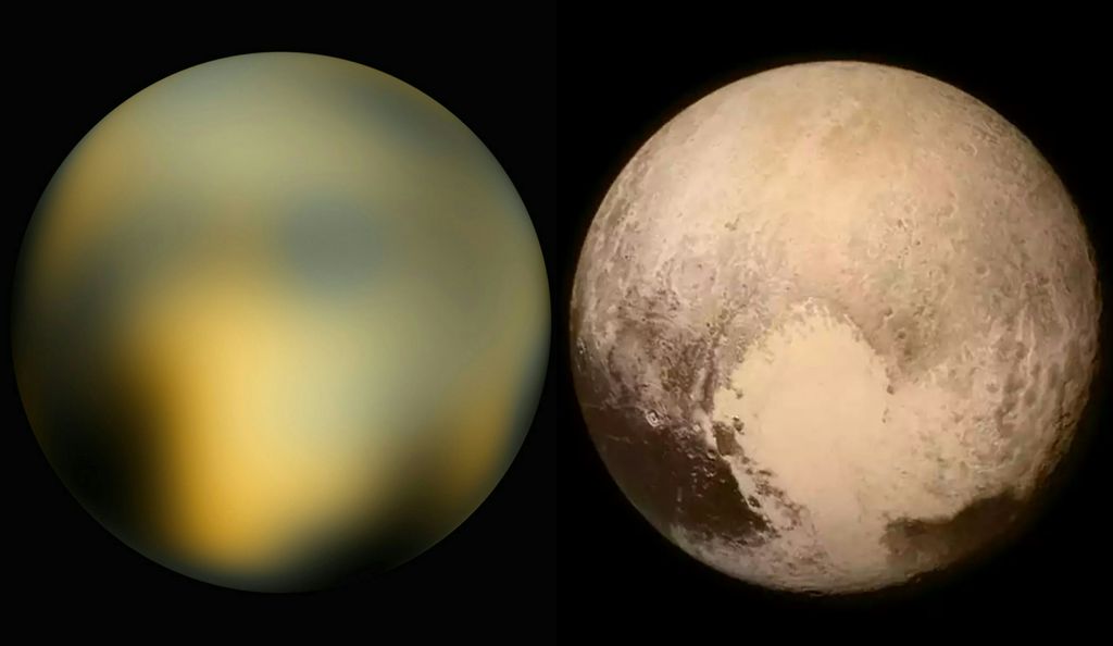 Plutão visto pelo telescópio espacial Hubble (à esquerda) e pela sonda New Horizons (à direita), que revelou o coração na superfície (Foto: NASA)