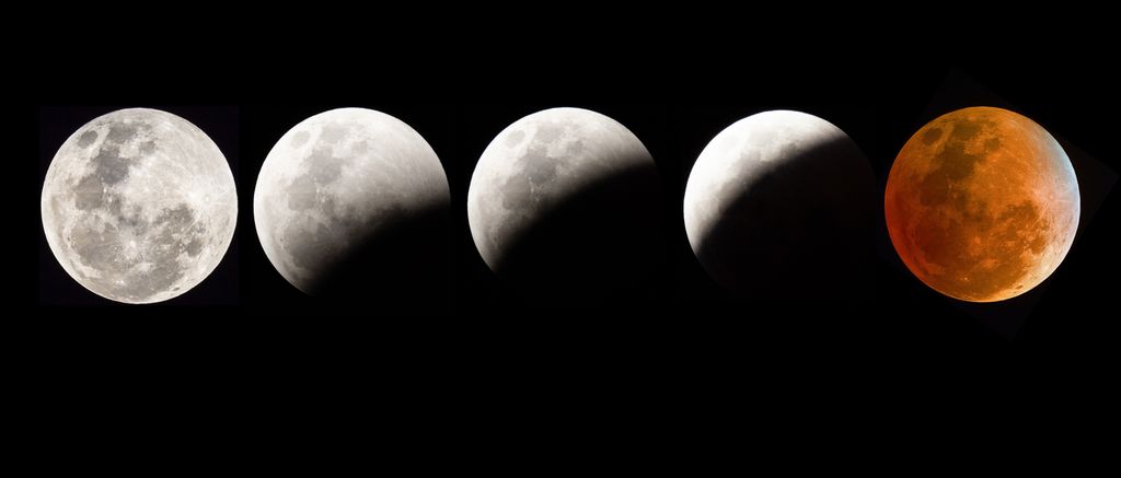 Fases do eclipse lunar total que aconteceu em janeiro de 2019. No auge do fenômeno, a Lua apareceu em tons avermelhados no céu no que popularmente é chamado de "Lua de Sangue"
