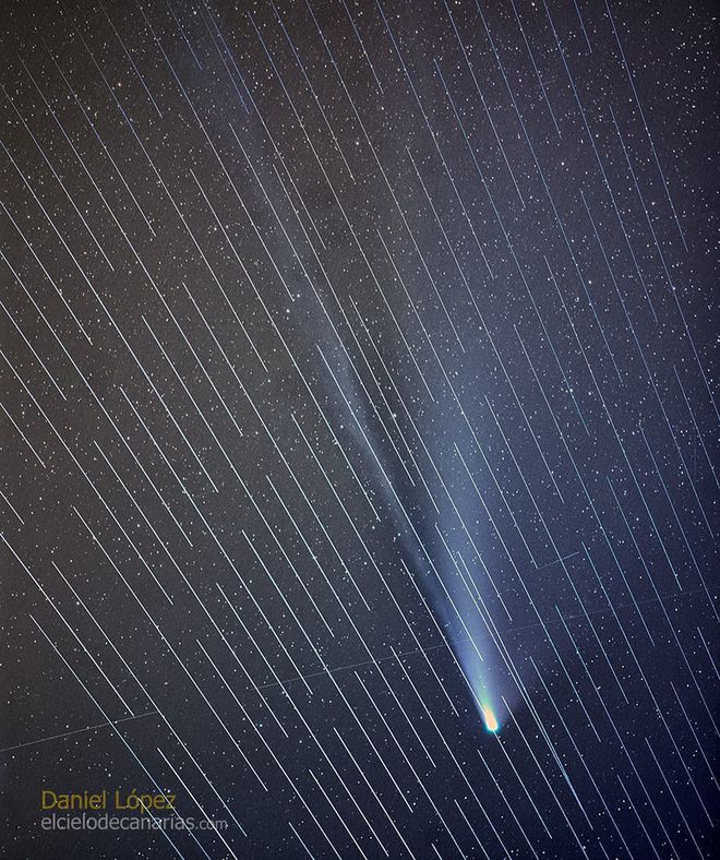 Observação da passagem do Cometa NEOWISE, no ano passado, comprometida pela passagem da frota de satélites Starlink (Imagem: Reprodução/Daniel López)