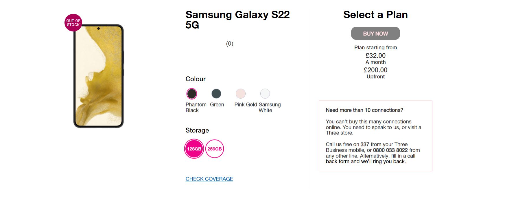 Galaxy S22 aparece com bordas simétricas ao redor da tela e até 256 GB de armazenamento interno (Imagem: Captura de tela/Three)