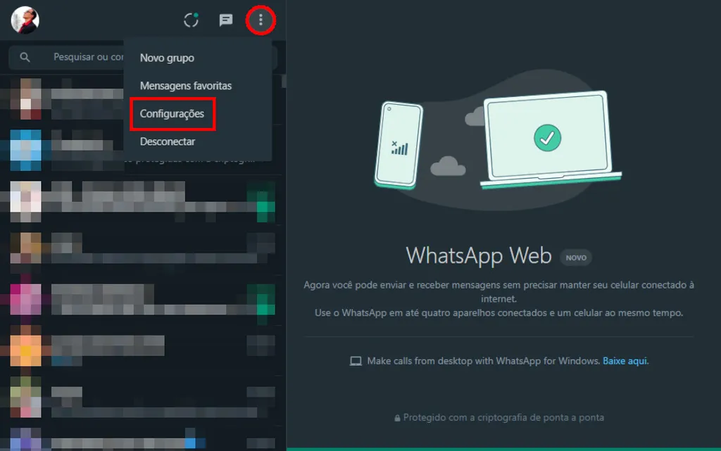 Acesse a aba de "Configurações" e veja como desativar notificação no WhatsApp Web (Captura de tela: Matheus Bigogno)