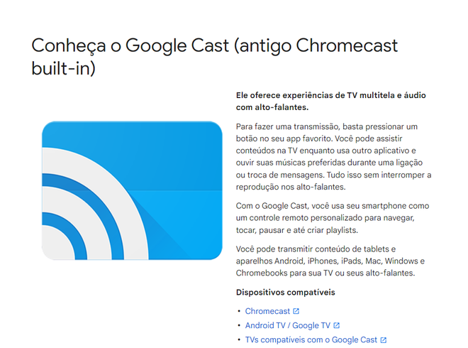Página de suporte já reforça a mudança para Google Cast (Imagem: Captura de tela/André Magalhães/Canaltech)