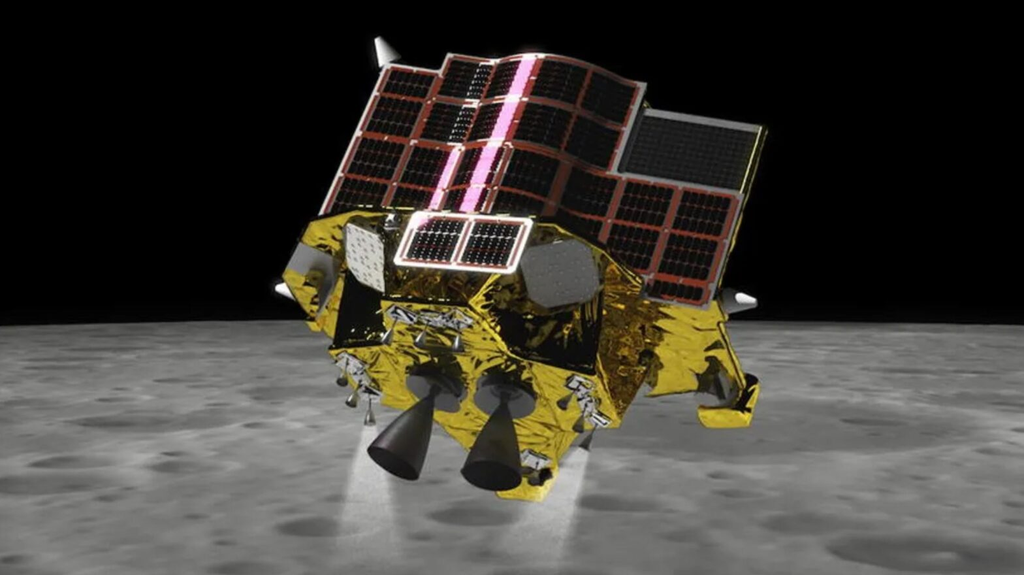 Representação do lander SLIM durante a descida à superfície da Lua (Imagem: Reprodução/JAXA)