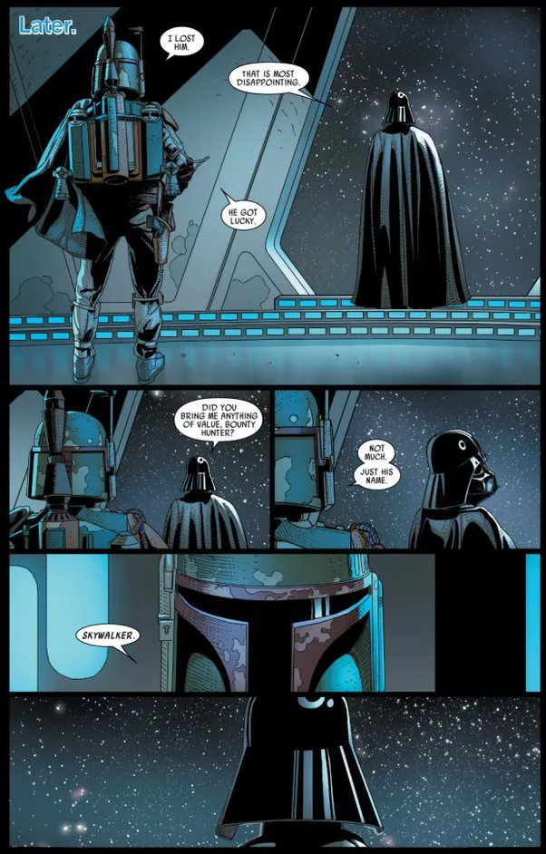 É Boba Fett quem informa Vader do sobrenome do herói da Aliança Rebelde (Imagem: Reprodução/Marvel Comics)