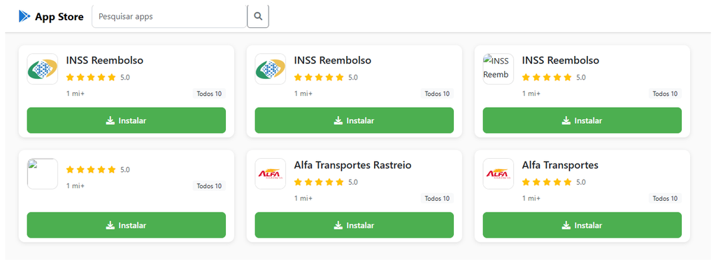 O trojan imita aplicativos do INSS em uma página que também é uma versão falsa da Google Play Store (Imagem: Securelist/Divulgação)