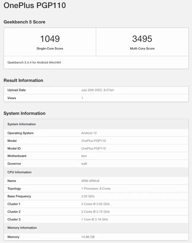 Registro do OnePlus 10T no Geekbench confirma novos detalhes do aparelho (Imagem: Reprodução/MySmartPrice)