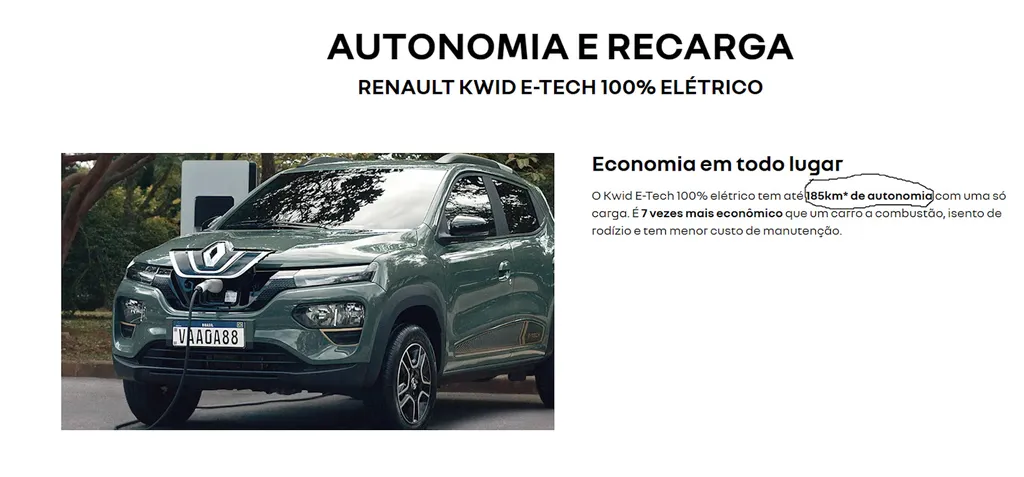 Site da Renault já mostra autonomia revisada do Kwid E-Tech (Imagem: Reprodução/Site Oficial Renault)