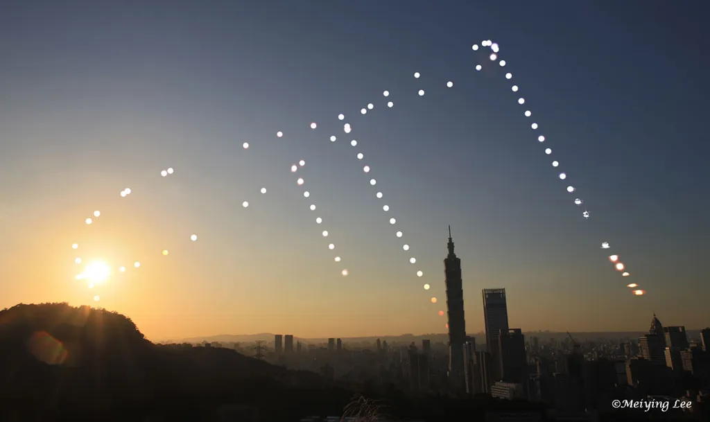 Composição de várias fotos do Sol feitas ao longo de um ano, sempre na mesma hora e lugar (Imagem: Reprodução/Meiying Lee)