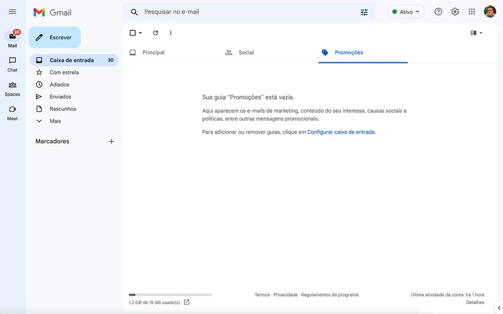 Esta é a nova interface do Gmail, agora com dois menus na lateral esquerda (Captura de tela: Caio Carvalho)