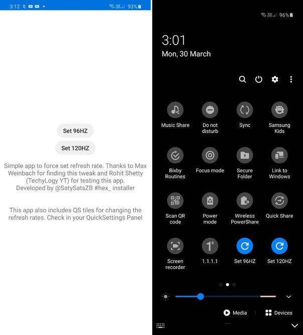 App habilita ~taxa de 96 Hz na tela do Galaxy S20 (Imagem: Reprodução/XDA Developers)