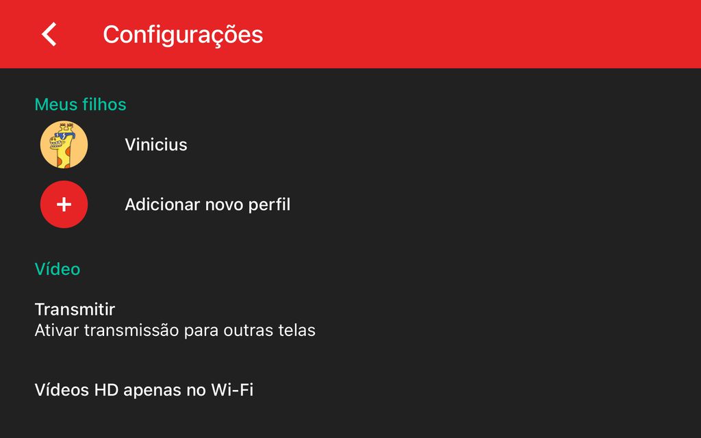 Tela de configurações no app mobile do YouTube Kids (Captura de tela: Caio Carvalho)