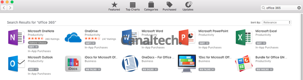 Ao pesquisar por "Office 365" na App Store do macOS, você encontra os aplicativos para instalar apenas os que desejar