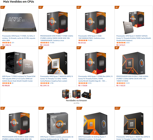 CPUs AMD Ryzen mais vendidos