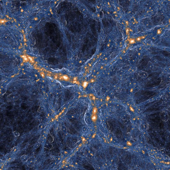 Ilustração do superaglomerado Laniakea, uma estrutura com mais de 100 mil galáxias representadas pelos pontos laranjas (Imagem: Reprodução/Tsaghkyan/Wikimedia Commons)