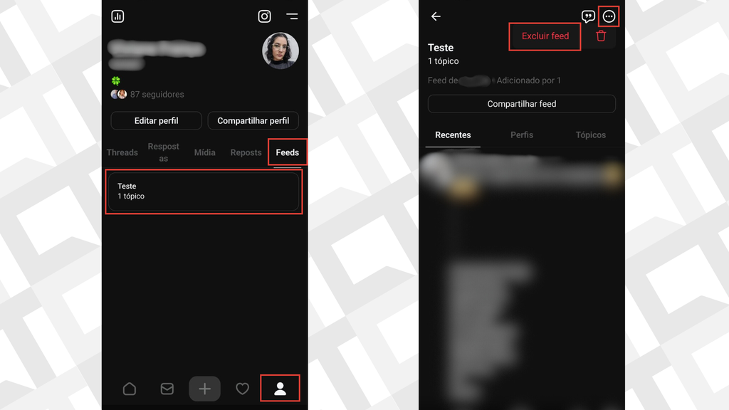 Passos para excluir um feed personalizado no Threads