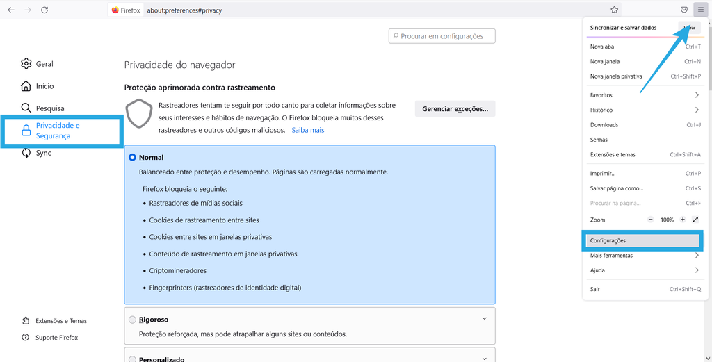 Opção de apagar o cache do Mozilla Firefox aparece ao lado de configurações de privacidade do navegador (Imagem: Captura de tela/Rodrigo Folter/Canaltech)