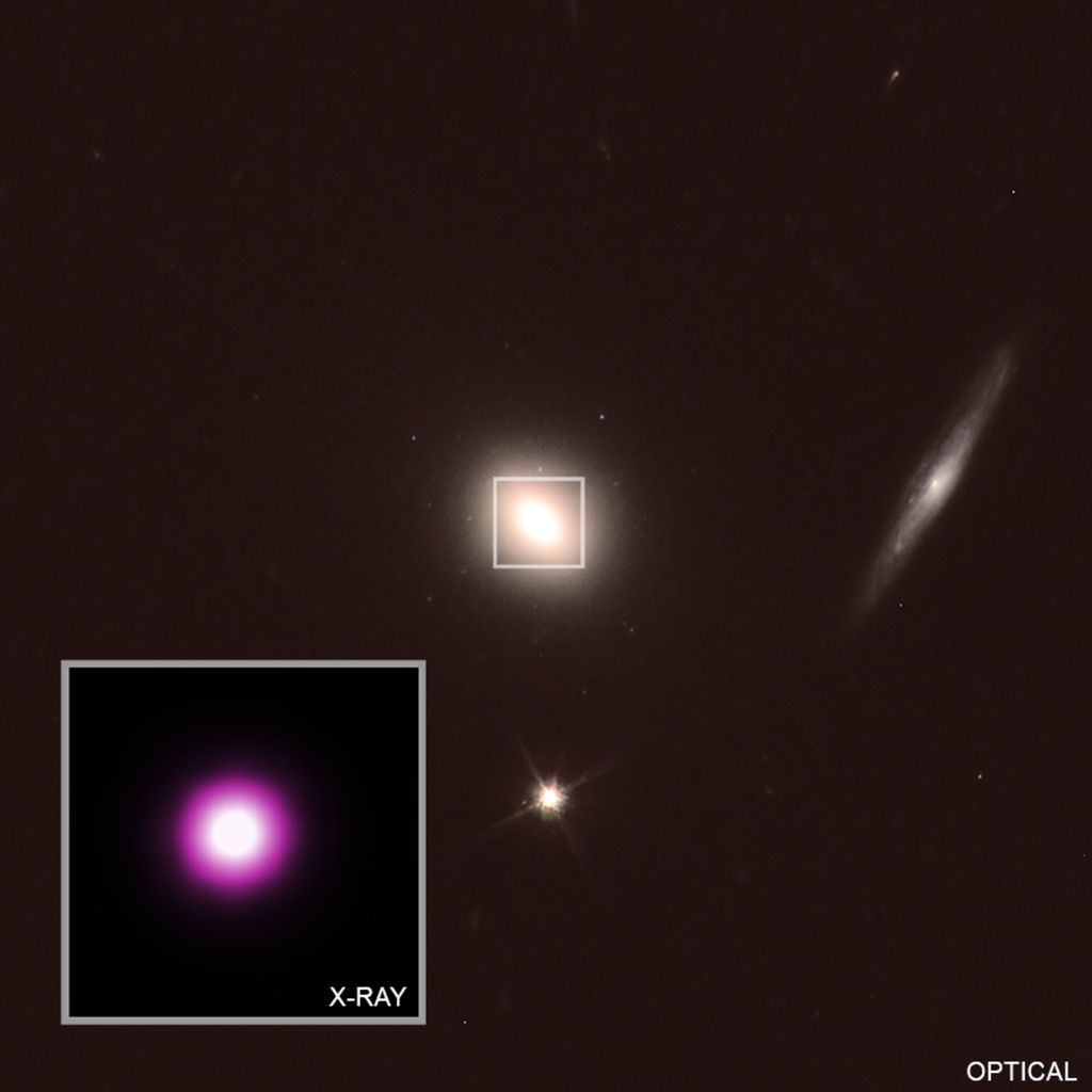 Imagem da galáxia hospedeira do evento ASASSN-14li na luz ótica, com a visão de raio-X na inserção à esquerda (Imagem: Reprodução/NASA/CXC/MIT/D. Pasham et al/HST/STScI/I. Arcavi)