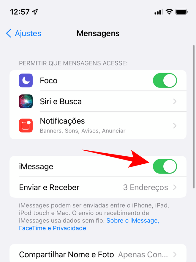 Desmarque o iMessage nos ajustes do app Mensagem - Captura de tela: Thiago Furquim (Canaltech)