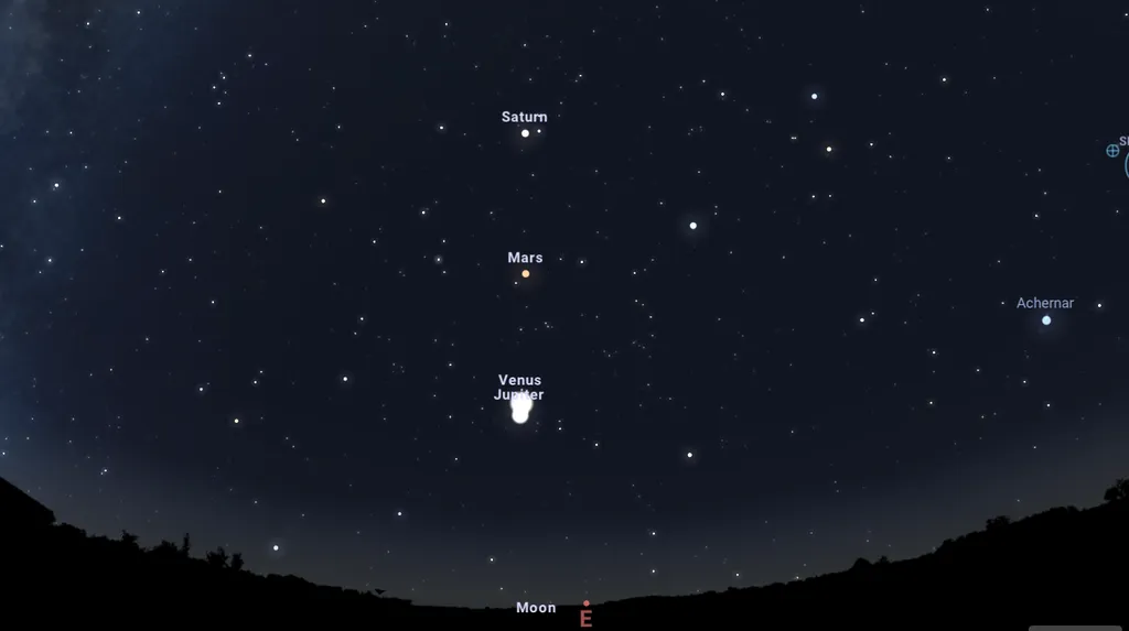 Simulação do alinhamento planetário no sudeste por volta das 5h00 (Imagem: Captura de tela/Stellarium)