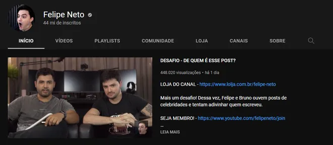O canal do YouTube de Felipe Neto acumula mais de 44 milhões de inscritos (Imagem: Reprodução/YouTube)
