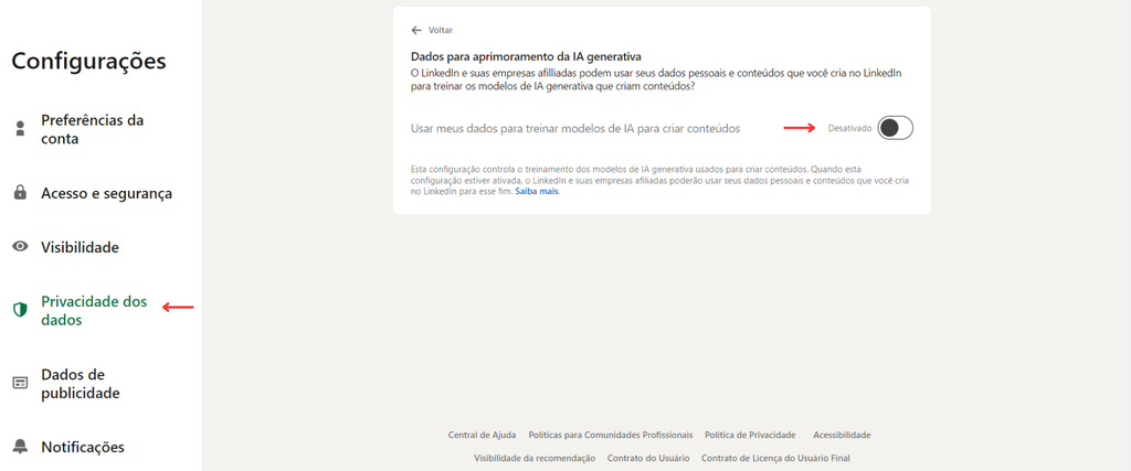 LinkedIn oferece configuração para desativar o uso de dados pessoais para treinar modelos de IA (Imagem: Captura de tela/Emanuele Almeida/Canaltech)