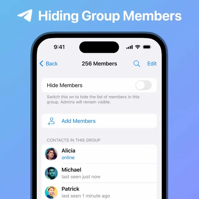 A lista de membros é oculta para todo mundo, mas o nome dos participantes ainda aparece quando trocam mensagens no chat (Imagem: Reprodução/Telegram)