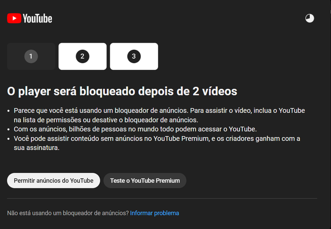 YouTube impede a reprodução de vídeos com o bloqueador de anúncios ligado (Imagem: Reprodução/YouTube)