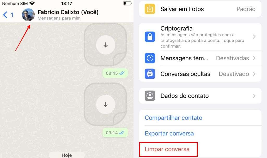 Para limpar uma conversa no WhatsApp no iOS, basta tocar no nome do contato ou do grupo (Imagem: Captura de tela/Fabrício Calixto/Canaltech)