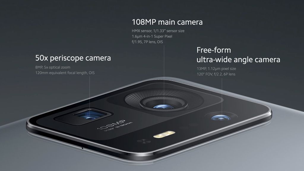 O sistema de câmeras conta com um sensor principal de 108 MP, telefoto periscópio de 8 MP com zoom óptico de 5x e digital de 50x, além de ultra wide com lente líquida de 13 MP (Imagem: Divulgação/Xiaomi)