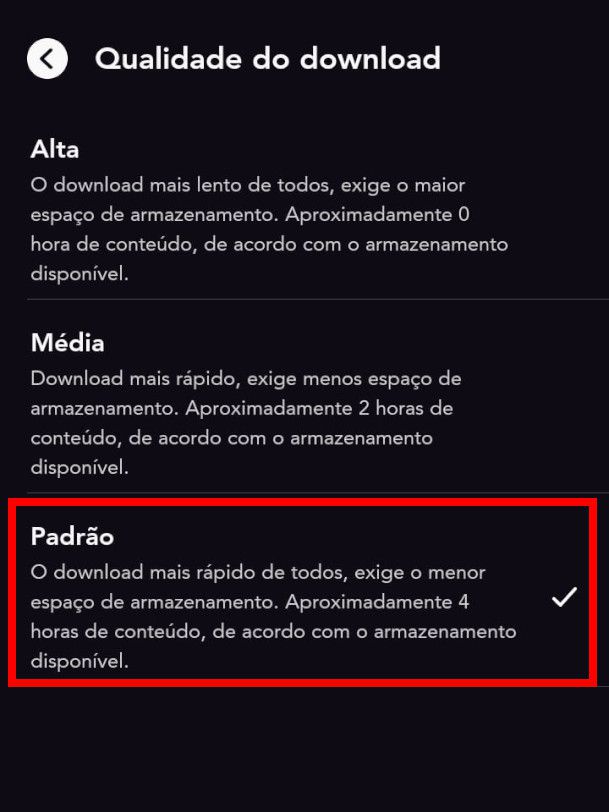Em "Qualidade do download", selecione a opção "Padrão" (Captura de tela: Matheus Bigogno)
