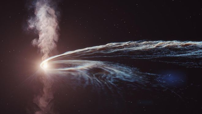 Conceito de um buraco negro e uma estrela capturada pela gravidade em processo de espaguetificação (Imagem: Reprodução/DESY Science Communication Lab)