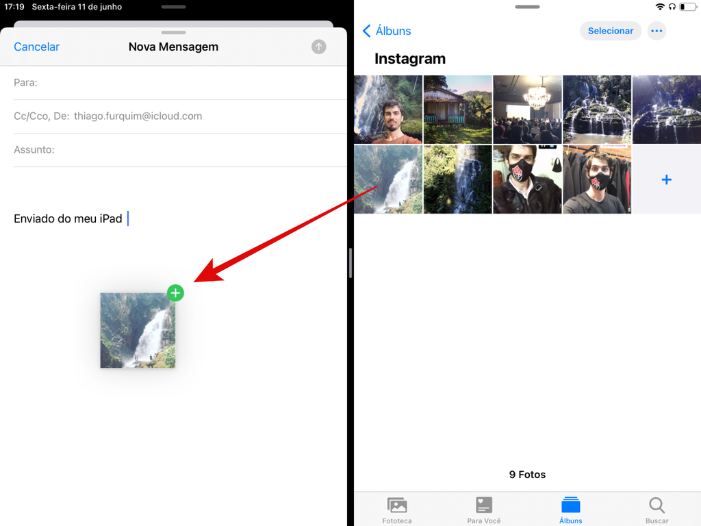 Arraste uma foto para enviar e-mal ou enviar uma mensagem no iPad pelo Split View - Captura de tela: Thiago Furquim (Canaltech)