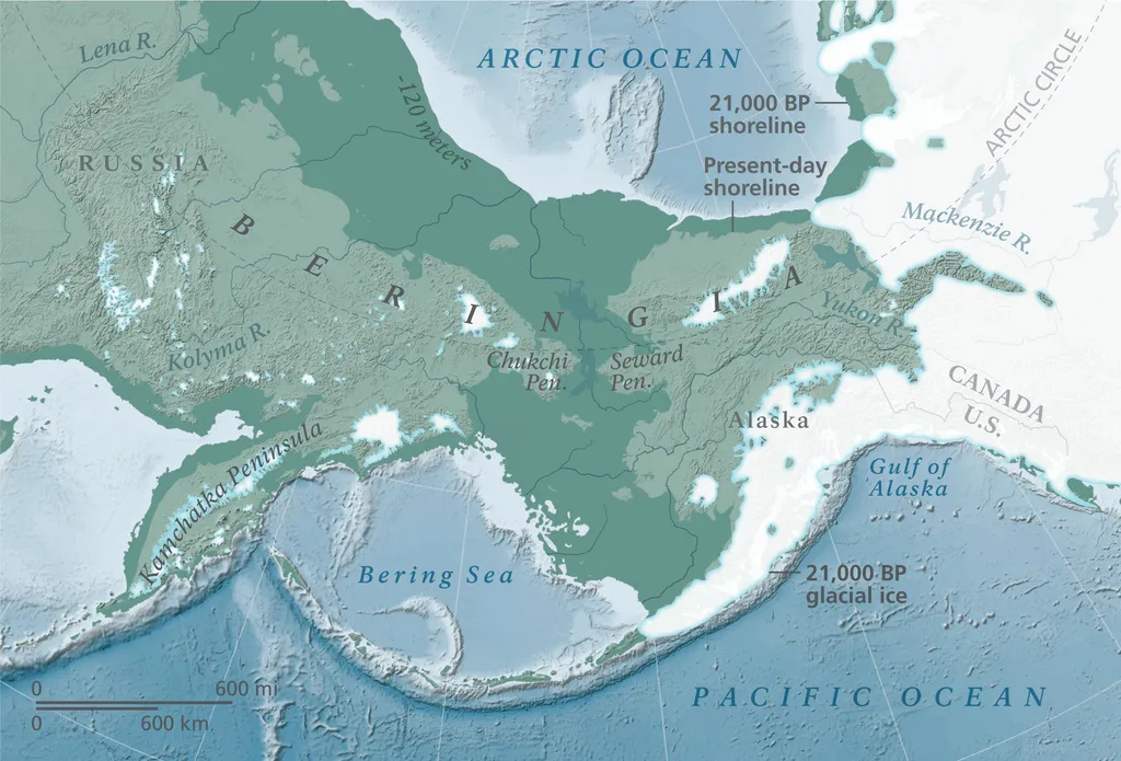 Simulação de como teria sido a Beríngia, ponte terrestre causada pela última Era do Gelo que permitiu a chegada dos humanos às Américas (Imagem: National Park Service/U.S. Department of the Interior)