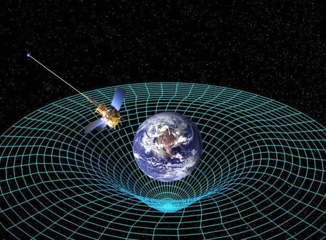 Concepção artística da Gravity Probe B em órbita da Terra para medir a curvatura do espaço-tempo, comprovando a Relatividade Geral (Imagem: Reprodução/NASA)