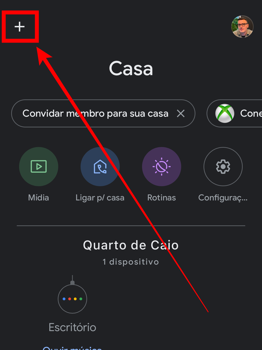 Abra o app Google Home e toque em "+" para adicionar um novo dispositivo (Captura de tela: Caio Carvalho)