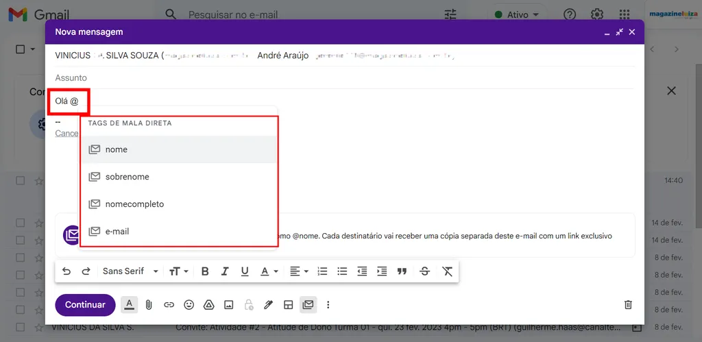 Tags de mesclagem personalizam e-mails de envio múltiplo (Imagem: Captura de tela/Guilherme Haas/Canaltech)