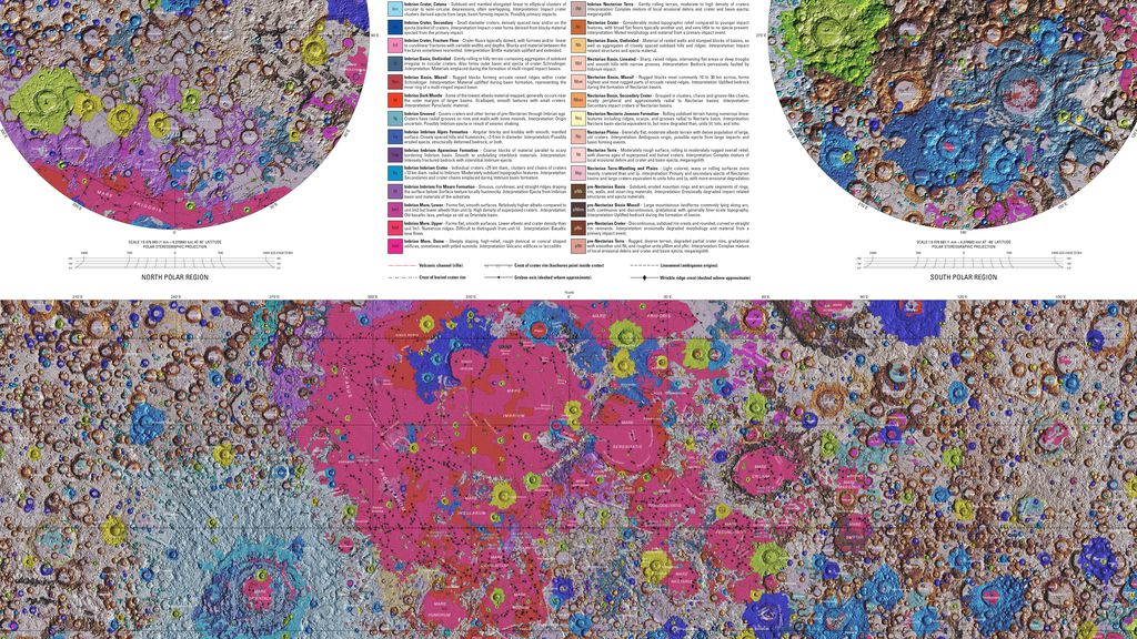 Este é o novo mapa geológico da Lua (Imagem: USGS, NASA, Lunar and Planetary Institute)