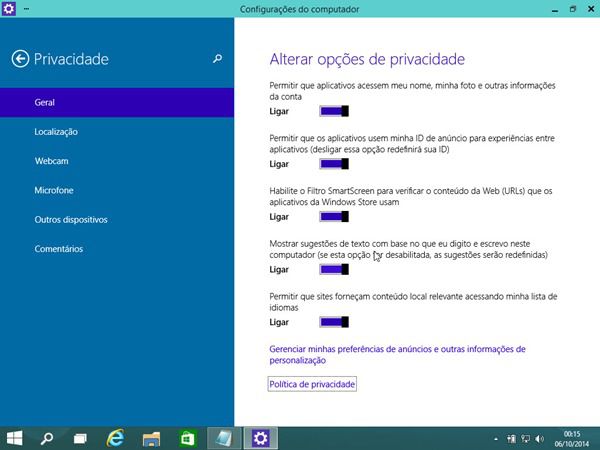 Windows 10 configurações