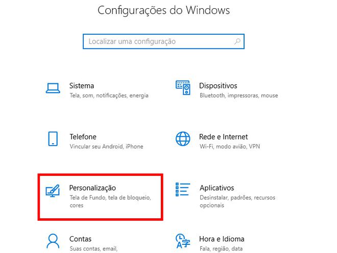 Abra o menu de "Configurações" do Windows 10 e selecione o item "Personalização" (Captura de tela: Matheus Bigogno)