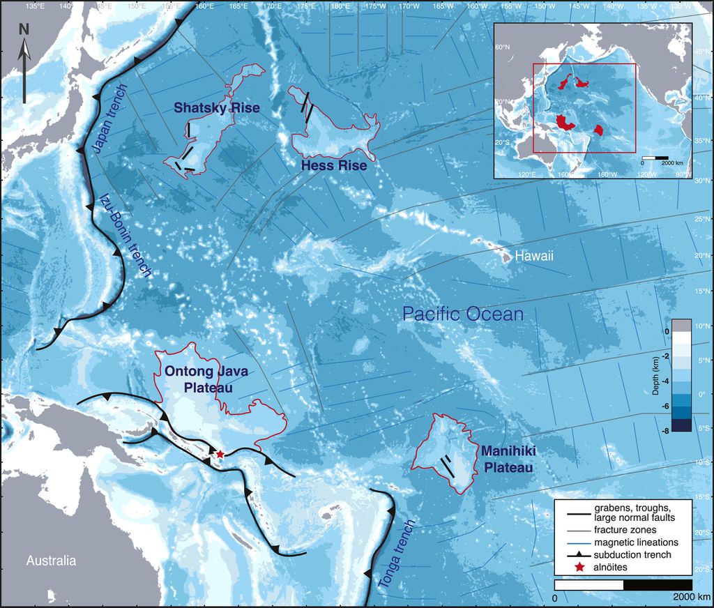A placa do Pacífico apresentou diversas falhas, indicadas por riscos pretos nos platôs circulados em vermelho na imagem (Imagem: Gün et al./Geophysical Research Letters)