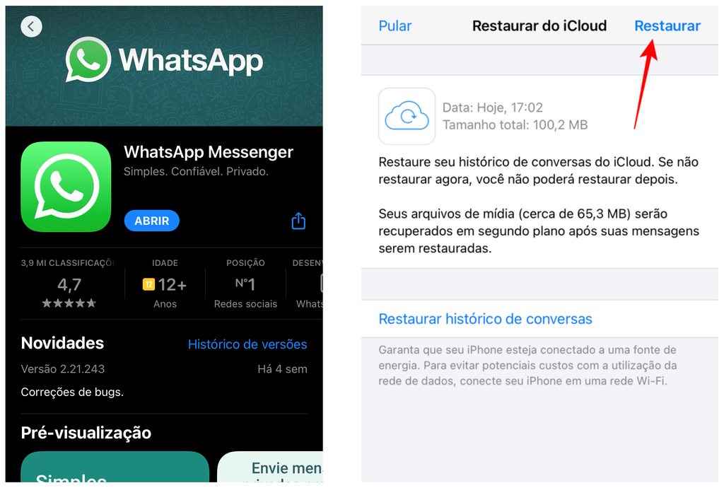 Recupere mensagens apagadas do WhatsApp restaurando um backup do iCloud (Captura de tela: Thiago Furquim)
