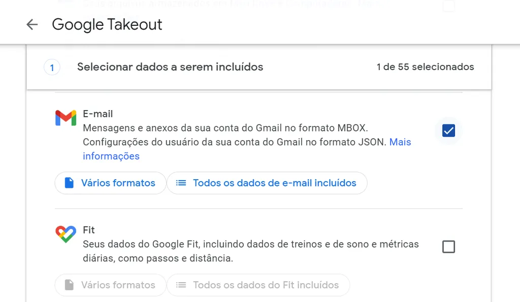 A ferramenta Google Takeout faz o backup de suas mensagens e anexos do Gmail (Imagem: Captura de tela/Guilherme Haas/Canaltech)