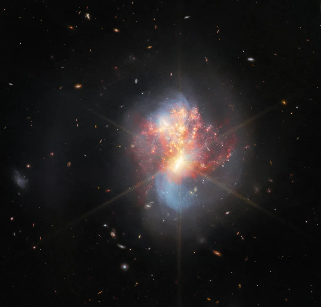 Par de galáxias IC 1623 observado pelo telescópio James Webb (Imagem: Reproduçaõ/ESA/Webb, NASA & CSA, L. Armus & A. Evans/R. Colombari)