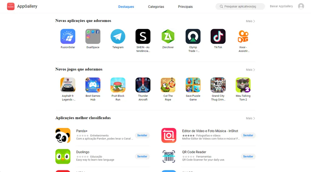 Assim como a Play Store, a AppGallery pode ser explorada em desktops e notebooks (Imagem: Captura de tela/Canaltech)