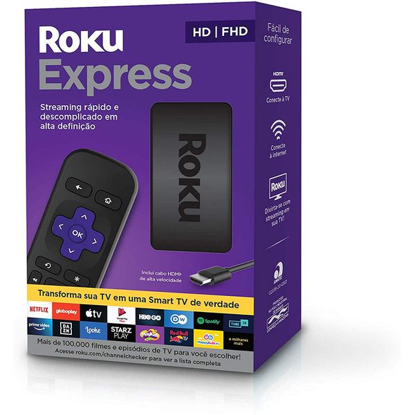 Roku Express - Streaming player Full HD. Transforma sua TV em Smart TV. Com controle remoto e cabo HDMI incluídos.